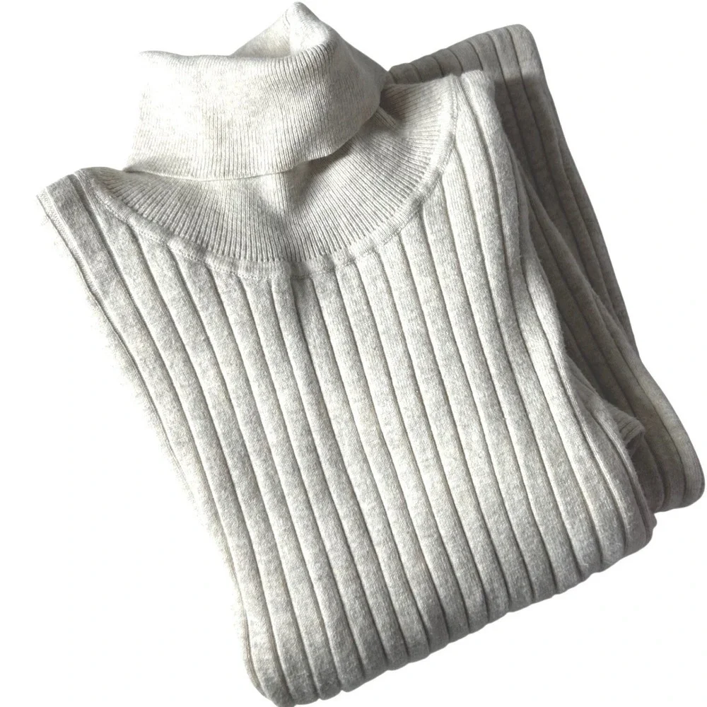 Moda International Sweater Dress Womens M Beige Ribbed Knit Turtleneck Midi Chic